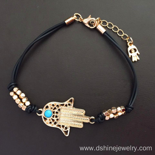 Gold Hamsa Evil Eye Diamond Necklace With Turquoise Beads